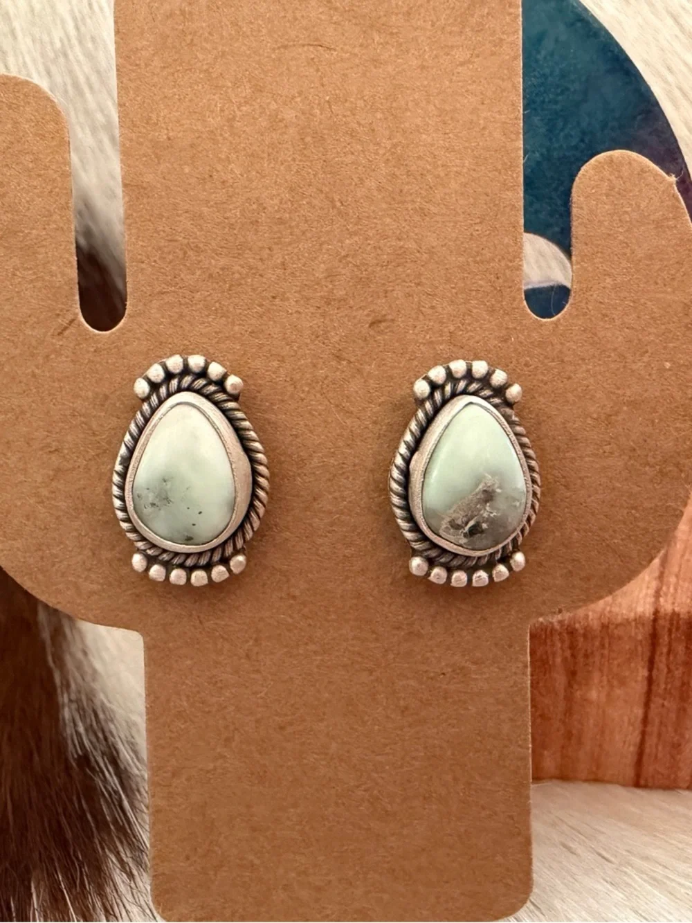 ❤️ Paloma Variscite Navajo Style Brushed Sterling Stud Earrings Closed Back